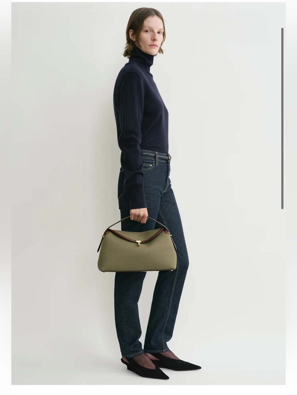 Toteme T-Lock Canvas Top Handle Bag in Khaki Green with Brown Trim